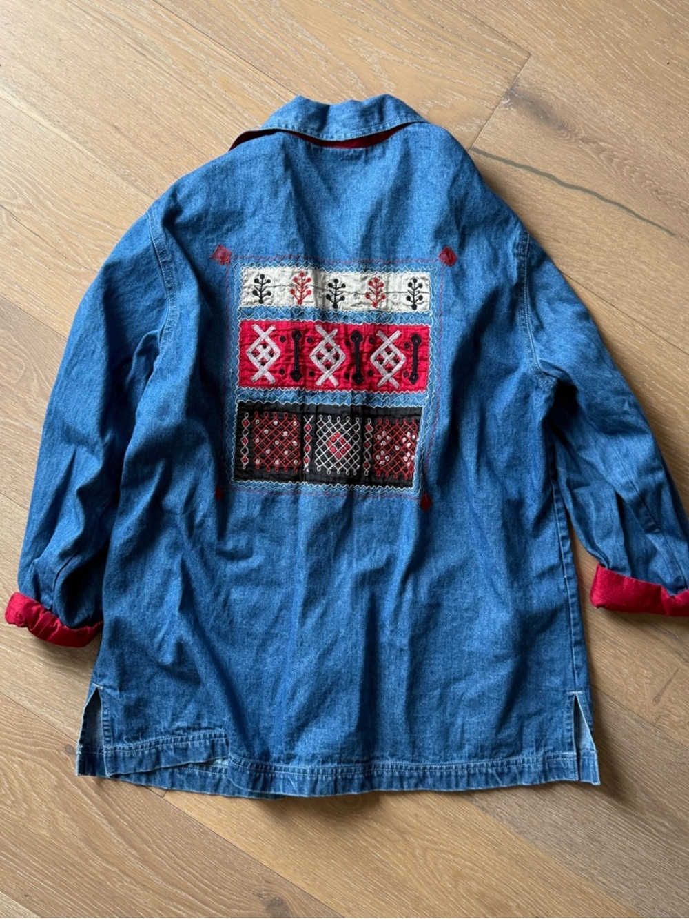 Vintage Chicos denim jacket with silk trim and embroidery